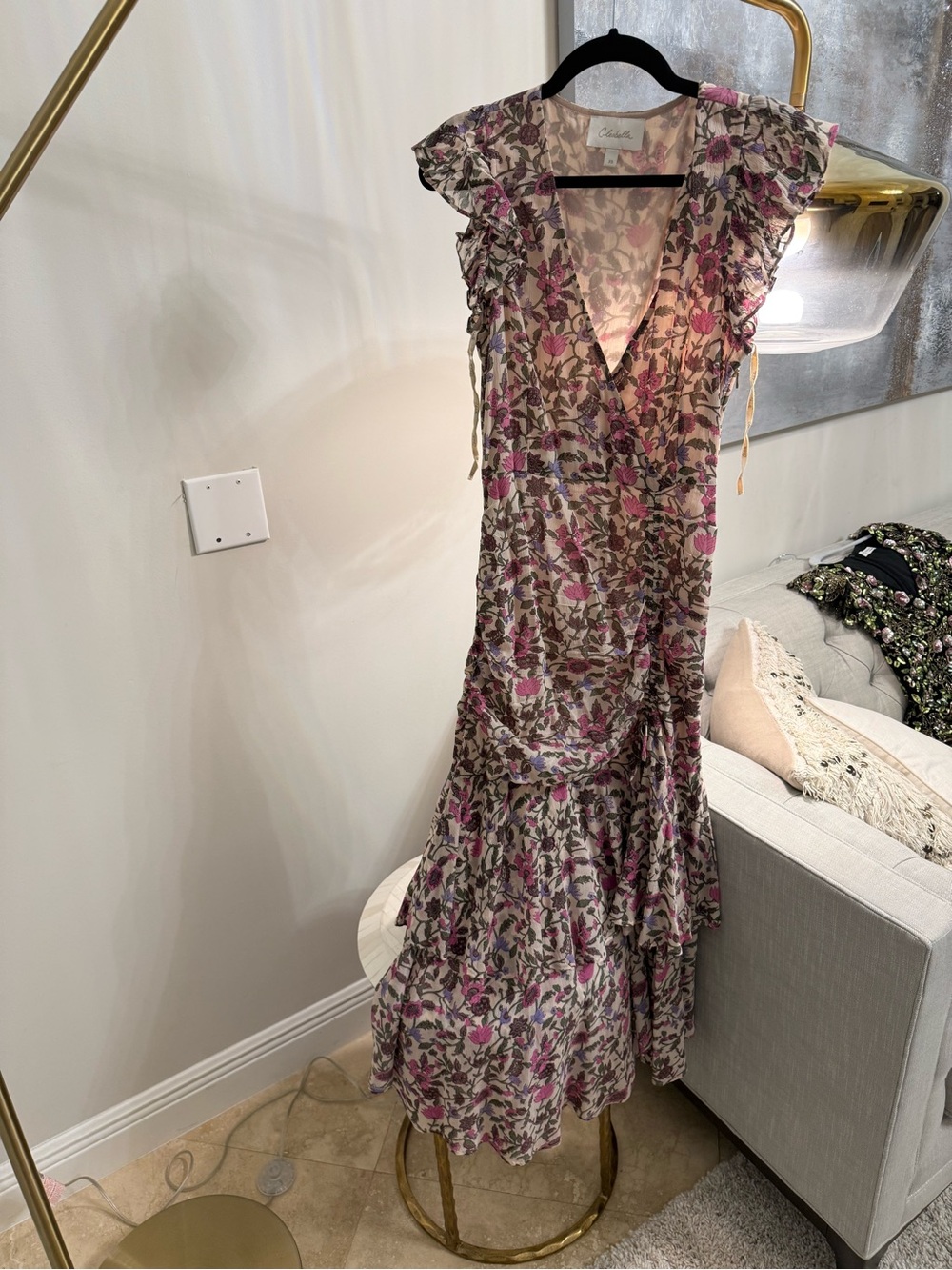 Cleobella Floral V-Neck Ruffle Midi Dress - Pink & Green